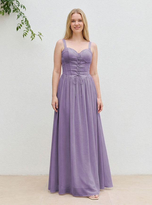 Chiffon A Line Spaghetti Straps Maxi Bridesmaid Dresses with Back Tie