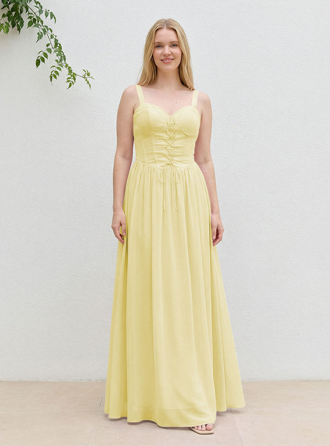 Chiffon A Line Spaghetti Straps Maxi Bridesmaid Dresses with Back Tie