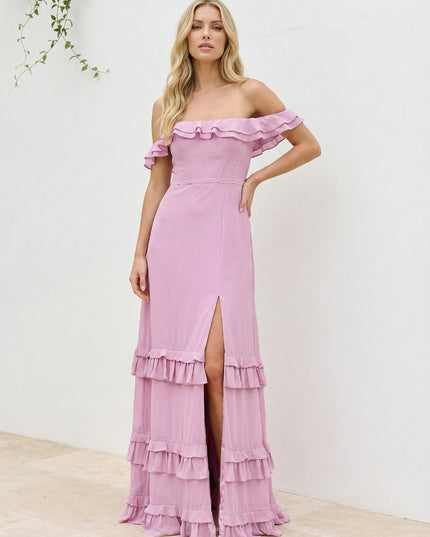 Chiffon Ruffles Off Shoulder Maxi Bridesmaid Dresses with Slit