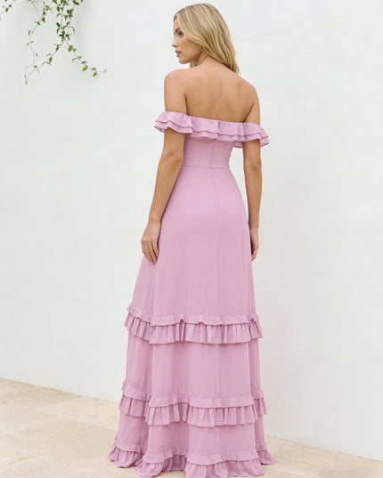 Chiffon Ruffles Off Shoulder Maxi Bridesmaid Dresses with Slit