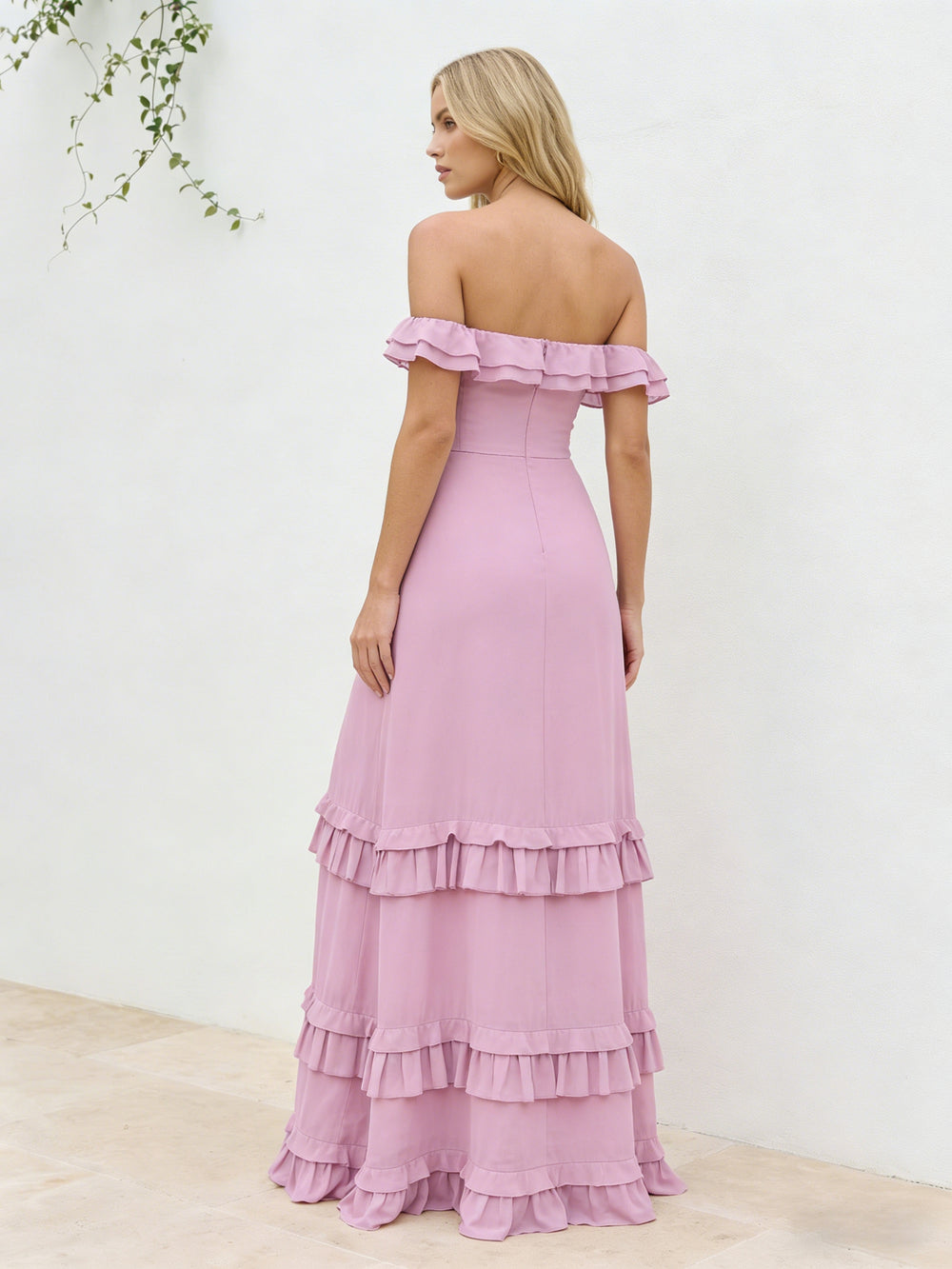 Chiffon Ruffles Off Shoulder Maxi Bridesmaid Dresses with Slit