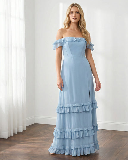 Chiffon Ruffles Off Shoulder Maxi Bridesmaid Dresses with Slit