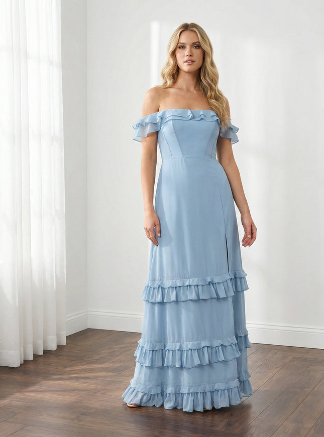 Chiffon Ruffles Off Shoulder Maxi Bridesmaid Dresses with Slit