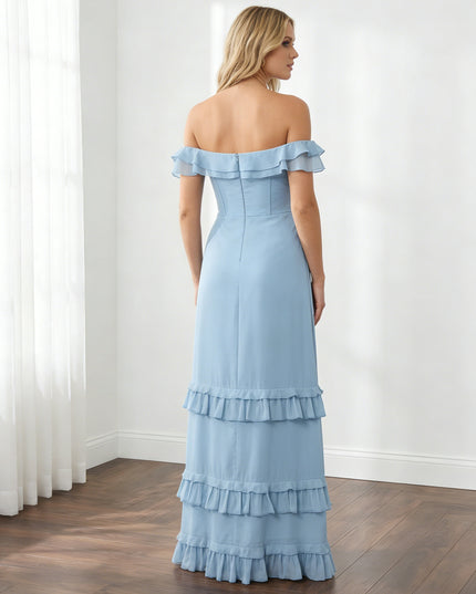 Chiffon Ruffles Off Shoulder Maxi Bridesmaid Dresses with Slit