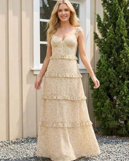 Chiffon Sweetheart Maxi Long Bridesmaid Dresses with Floral Print