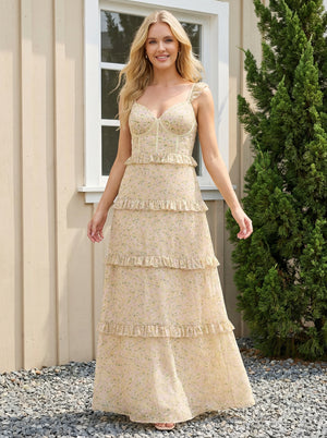 Chiffon Sweetheart Maxi Long Bridesmaid Dresses with Floral Print