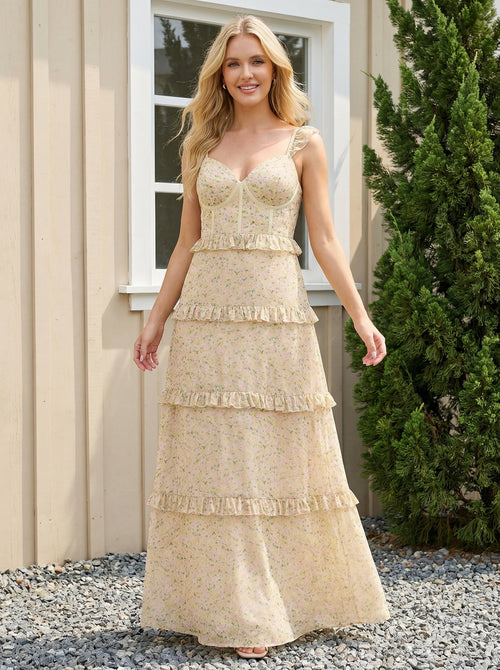 Chiffon Sweetheart Maxi Long Bridesmaid Dresses with Floral Print