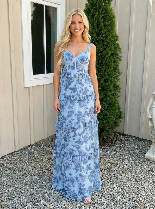 Chiffon Ruffled Sweetheart Maxi Long Wedding Guest Dresses with Floral