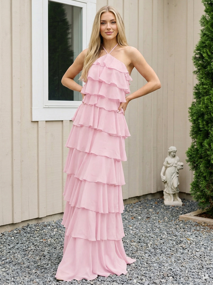 Chiffon Halter Tiered Maxi Long Bridesmaid Dresses with Backless Design