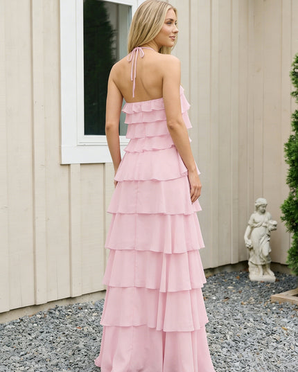 Chiffon Halter Tiered Maxi Long Bridesmaid Dresses with Backless Design