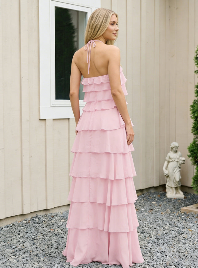 Chiffon Halter Tiered Maxi Long Bridesmaid Dresses with Backless Design