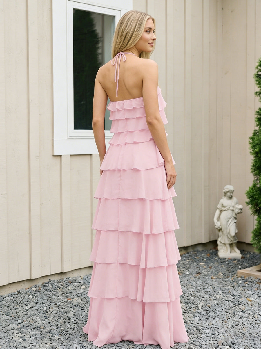 Chiffon Halter Tiered Maxi Long Bridesmaid Dresses with Backless Design