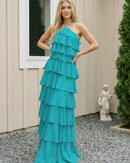 Chiffon Halter Tiered Maxi Long Bridesmaid Dresses with Backless Design