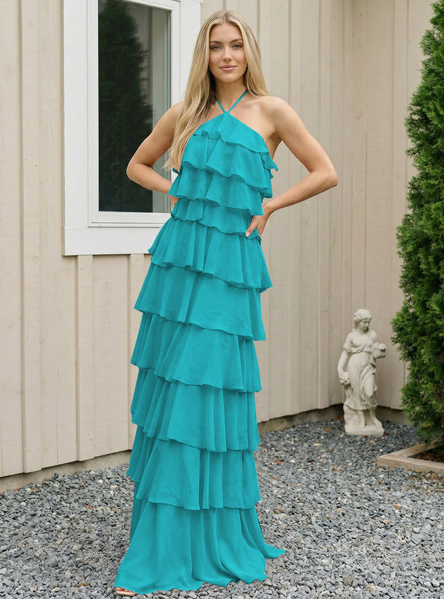 Chiffon Halter Tiered Maxi Long Bridesmaid Dresses with Backless Design