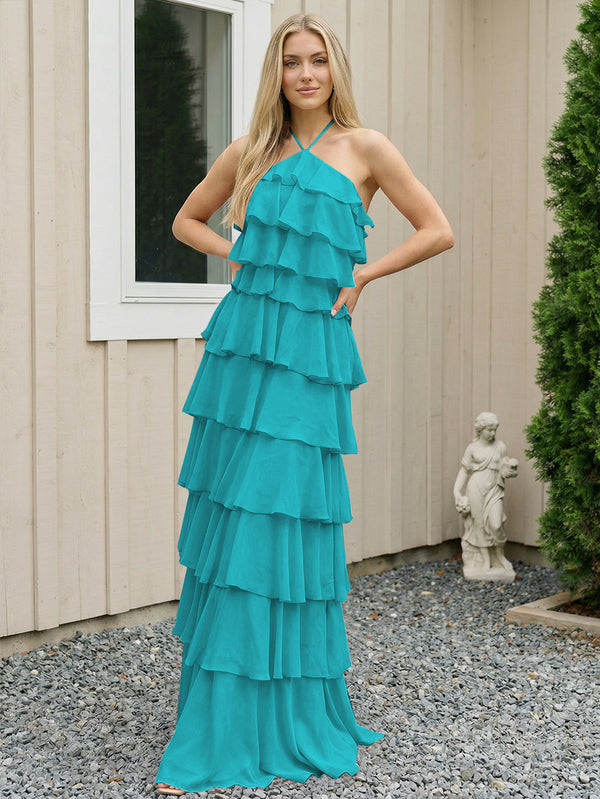 Chiffon Halter Tiered Maxi Long Bridesmaid Dresses with Backless Design