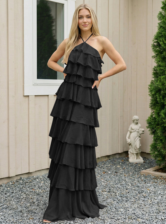 Chiffon Halter Tiered Maxi Long Bridesmaid Dresses with Backless Design