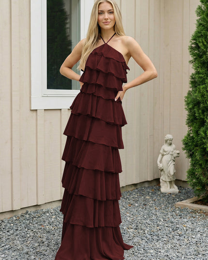 Chiffon Halter Tiered Maxi Long Bridesmaid Dresses with Backless Design