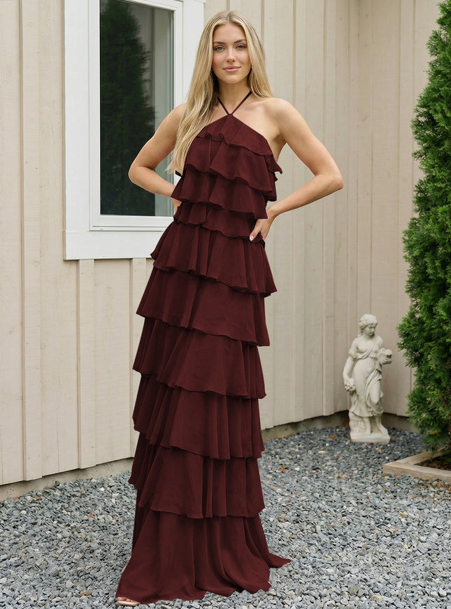 Chiffon Halter Tiered Maxi Long Bridesmaid Dresses with Backless Design