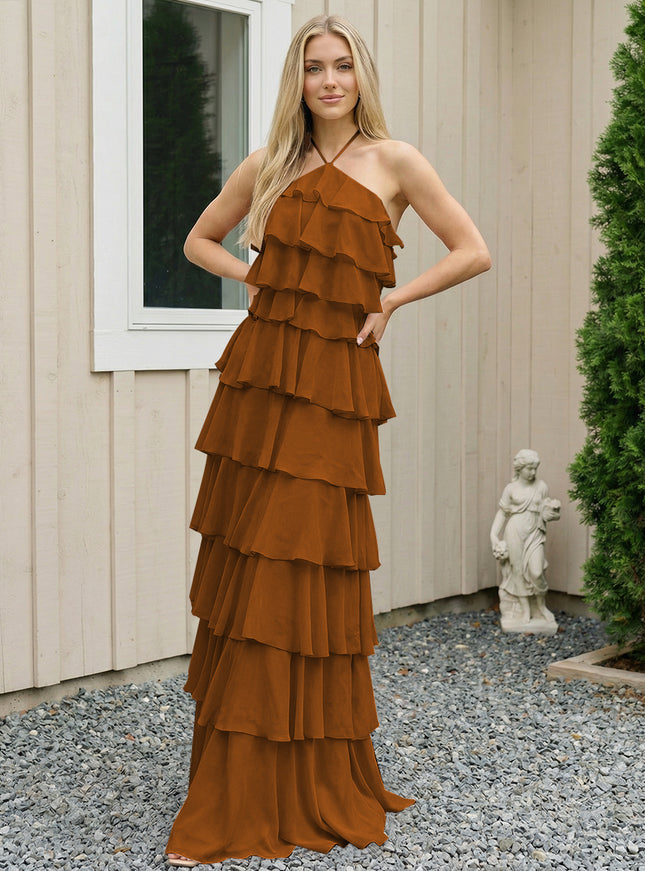 Chiffon Halter Tiered Maxi Long Bridesmaid Dresses with Backless Design