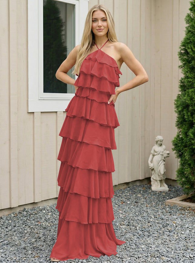 Chiffon Halter Tiered Maxi Long Bridesmaid Dresses with Backless Design