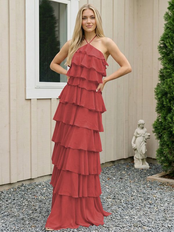 Chiffon Halter Tiered Maxi Long Bridesmaid Dresses with Backless Design