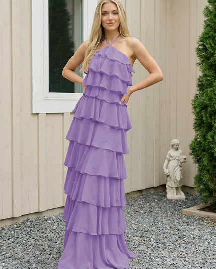 Chiffon Halter Tiered Maxi Long Bridesmaid Dresses with Backless Design