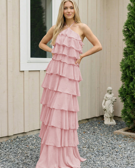 Chiffon Halter Tiered Maxi Long Bridesmaid Dresses with Backless Design
