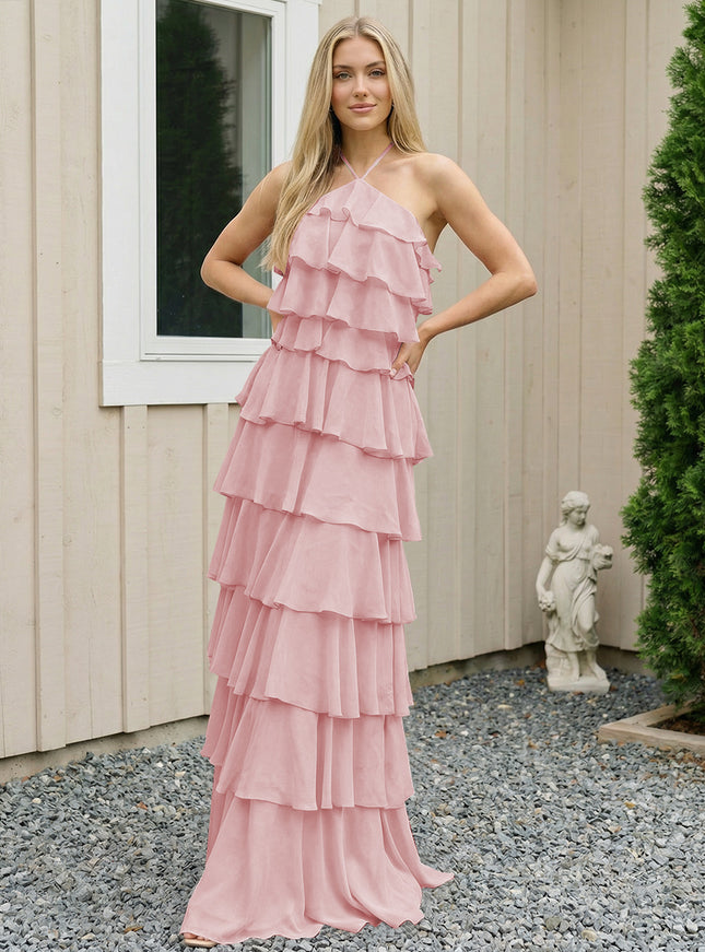 Chiffon Halter Tiered Maxi Long Bridesmaid Dresses with Backless Design