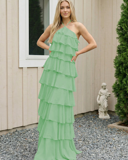 Chiffon Halter Tiered Maxi Long Bridesmaid Dresses with Backless Design