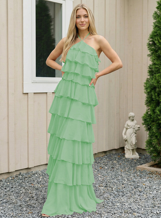 Chiffon Halter Tiered Maxi Long Bridesmaid Dresses with Backless Design