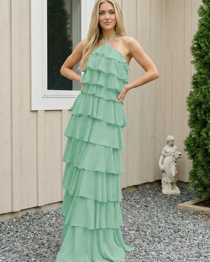 Chiffon Halter Tiered Maxi Long Bridesmaid Dresses with Backless Design