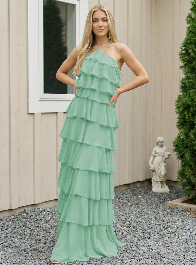 Chiffon Halter Tiered Maxi Long Bridesmaid Dresses with Backless Design