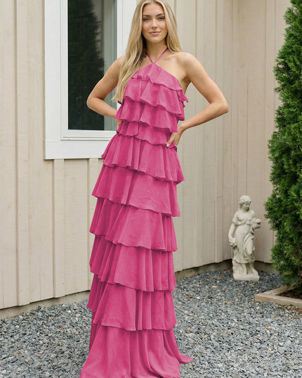 Chiffon Halter Tiered Maxi Long Bridesmaid Dresses with Backless Design