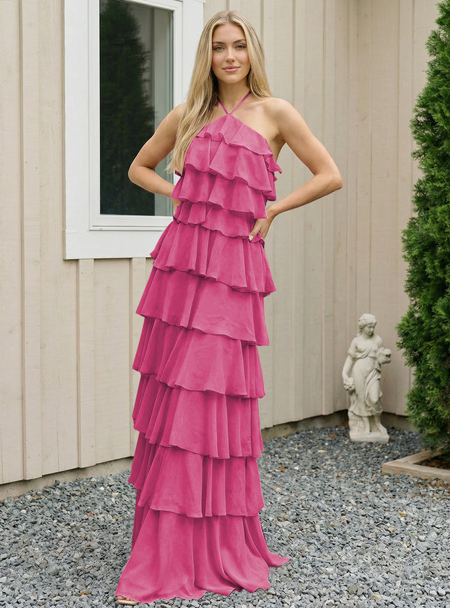 Chiffon Halter Tiered Maxi Long Bridesmaid Dresses with Backless Design