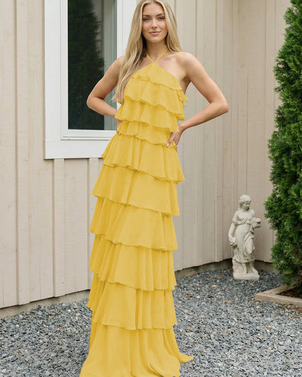 Chiffon Halter Tiered Maxi Long Bridesmaid Dresses with Backless Design