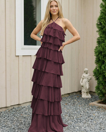 Chiffon Halter Tiered Maxi Long Bridesmaid Dresses with Backless Design