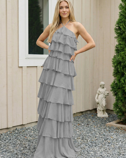 Chiffon Halter Tiered Maxi Long Bridesmaid Dresses with Backless Design