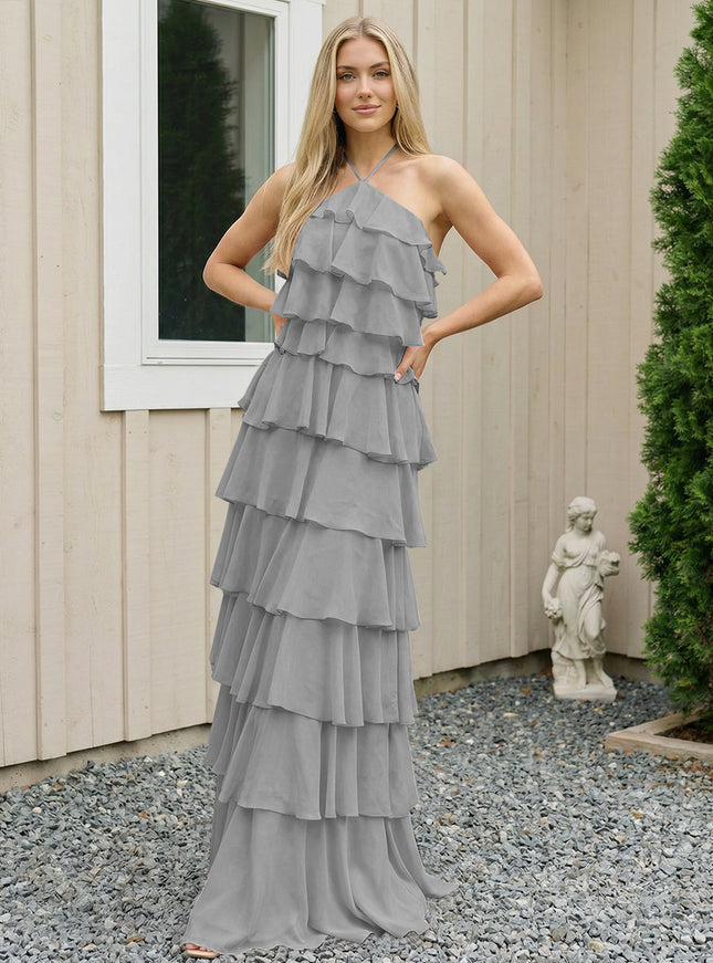 Chiffon Halter Tiered Maxi Long Bridesmaid Dresses with Backless Design