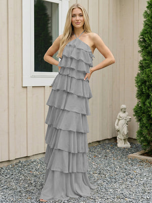 Chiffon Halter Tiered Maxi Long Bridesmaid Dresses with Backless Design