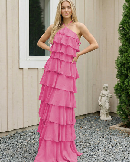 Chiffon Halter Tiered Maxi Long Bridesmaid Dresses with Backless Design