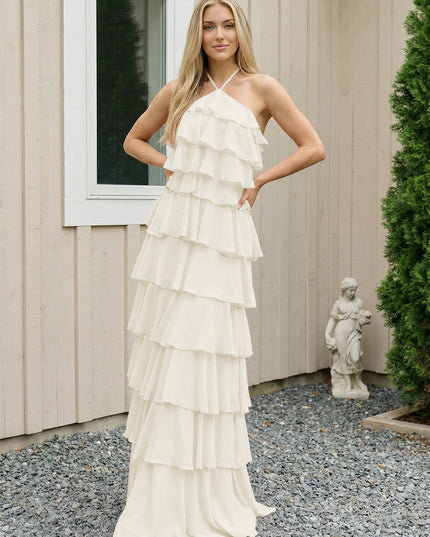 Chiffon Halter Tiered Maxi Long Bridesmaid Dresses with Backless Design
