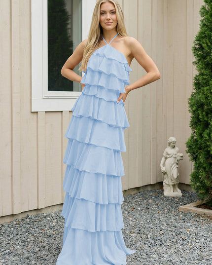Chiffon Halter Tiered Maxi Long Bridesmaid Dresses with Backless Design