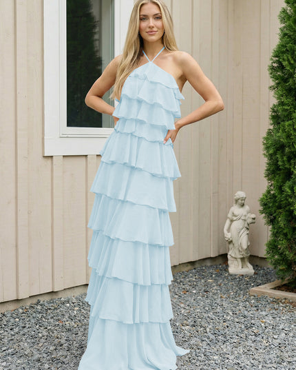 Chiffon Halter Tiered Maxi Long Bridesmaid Dresses with Backless Design