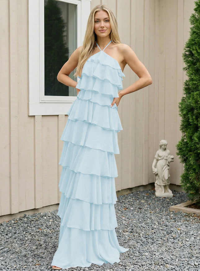 Chiffon Halter Tiered Maxi Long Bridesmaid Dresses with Backless Design