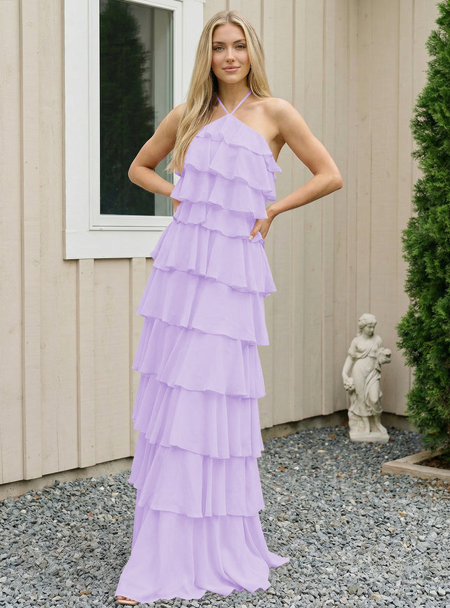 Chiffon Halter Tiered Maxi Long Bridesmaid Dresses with Backless Design