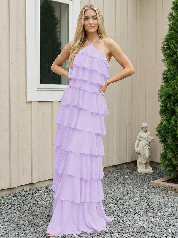 Chiffon Halter Tiered Maxi Long Bridesmaid Dresses with Backless Design