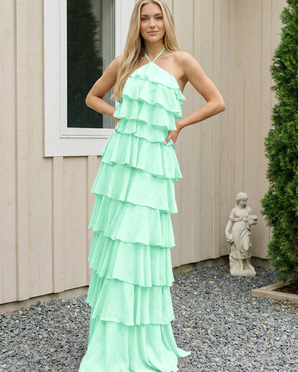 Chiffon Halter Tiered Maxi Long Bridesmaid Dresses with Backless Design