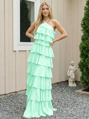 Chiffon Halter Tiered Maxi Long Bridesmaid Dresses with Backless Design
