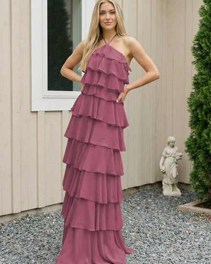 Chiffon Halter Tiered Maxi Long Bridesmaid Dresses with Backless Design