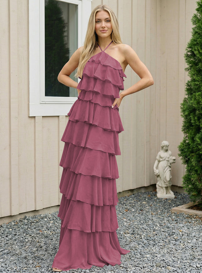 Chiffon Halter Tiered Maxi Long Bridesmaid Dresses with Backless Design
